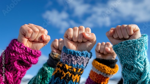 Raised fists wearing colorful knitted winter sweater sleeves against blue sky with white clouds, unity and solidarity concept in cold weather.