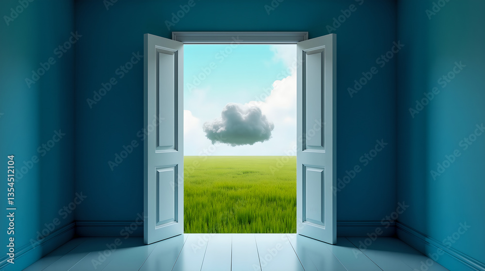 Fototapeta premium A dreamlike image of a blue-painted room with an open double door leading to a lush green field