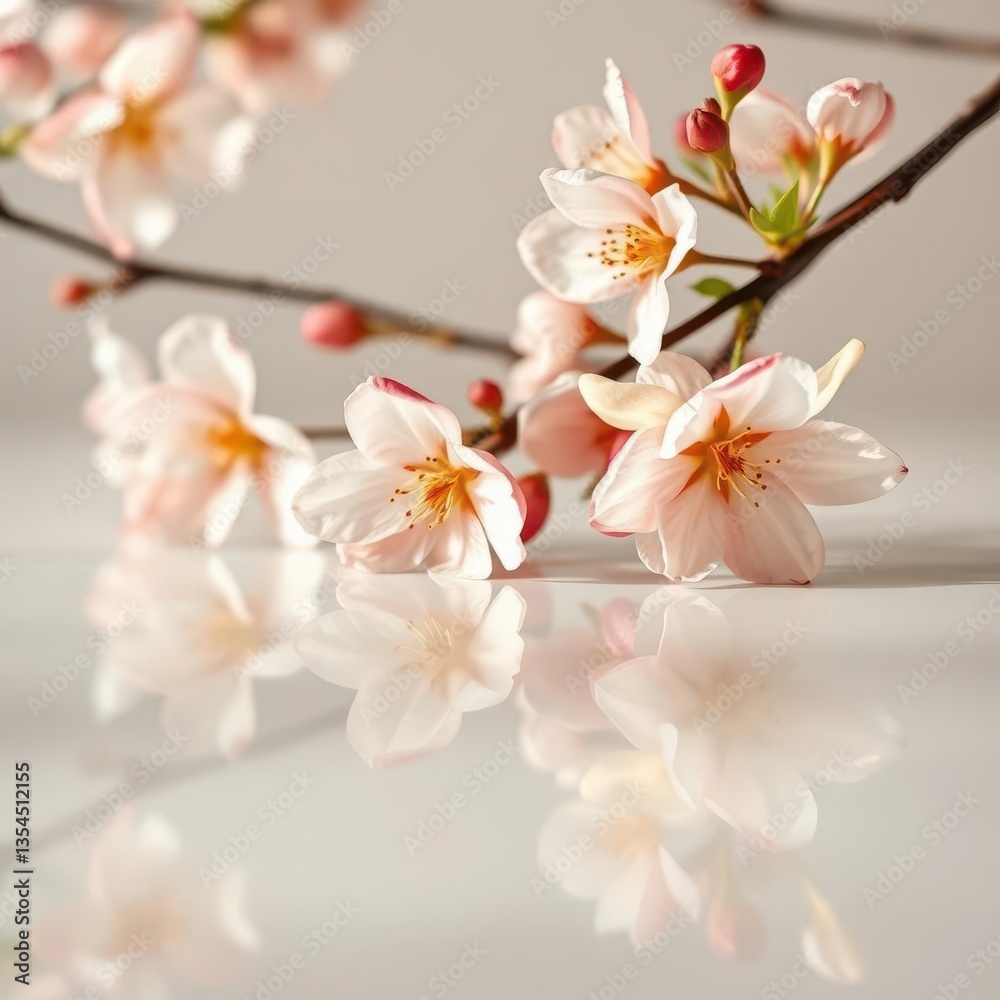 Fototapeta premium Delicate peach blossoms mirrored in pristine white surface, backdrop, water