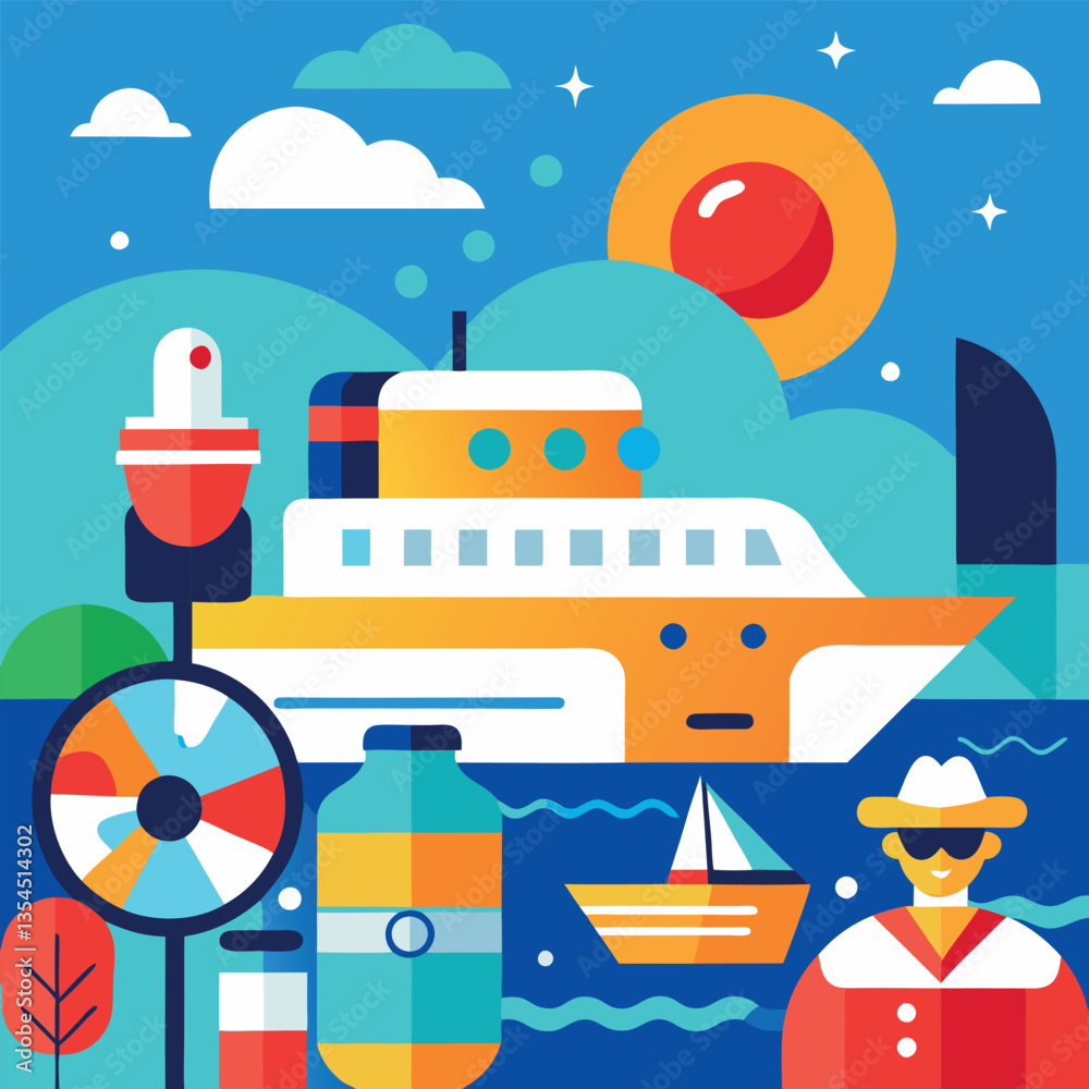Cruise ship sailing on the ocean in a cartoon vector illustration Cruise ship sailing on the ocean in a cartoon vector illustration
