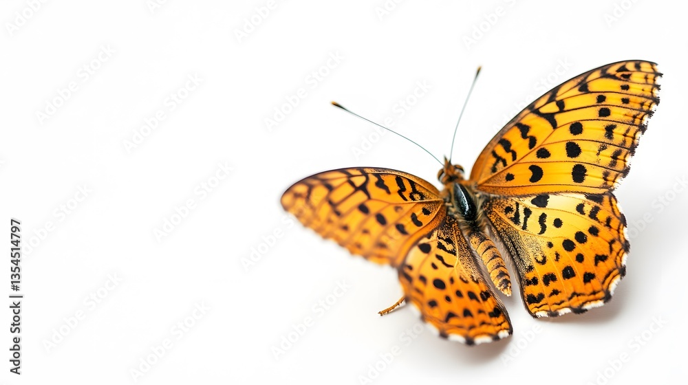 Fototapeta premium 13. A small orange fritillary butterfly with intricate black spots on its wings perched on a white background
