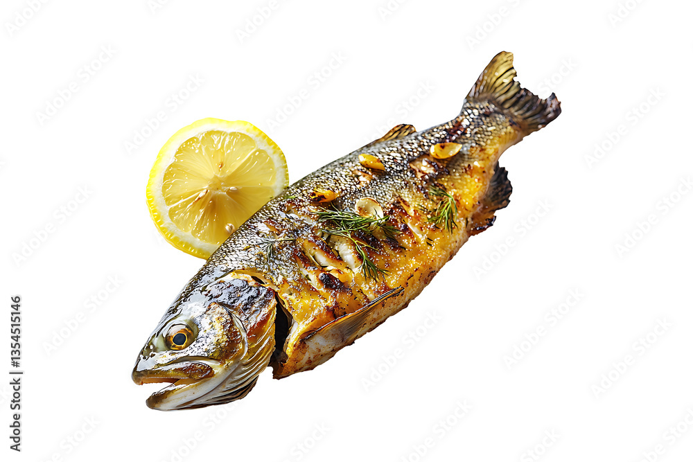 A fried trout with lemon and dill Isolated on White and Transparent Background PNG Image. A fried trout with lemon and dill Isolated on White and Transparent Background PNG Image.