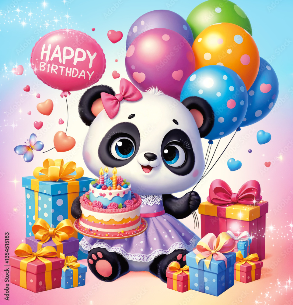 Fototapeta premium Birthday celebration. Birthday card. created by artificial intelligence. Cute cartoon panda with balloons and gifts. Happy birthday. text.