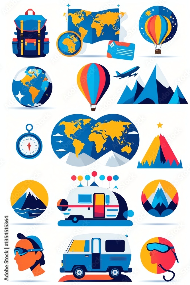 Fototapeta premium Travel Icons Collection Featuring Backpack, Map, Globe, and Transportation