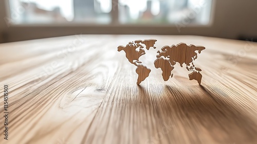 Wooden world map on table.