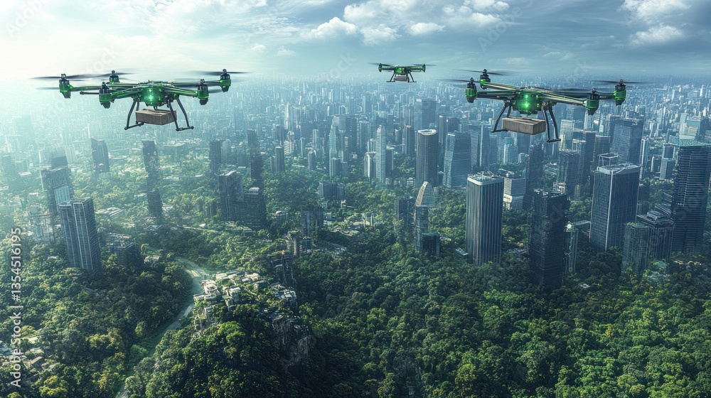 Drone Delivery Service Over a Lush Cityscape Drone Delivery Service Over a Lush Cityscape