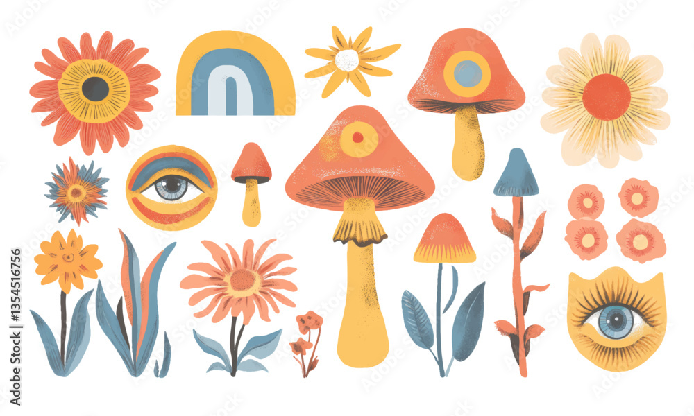 Psych grainy flat vector set, mushroom, leaves and flower colorful elements flat style, summer, spring party, eyes, eye, surreal liquid stile, festival cartoon Psych grainy flat vector set, mushroom, leaves and flower colorful elements flat style, summer, spring party, eyes, eye, surreal liquid stile, festival cartoon