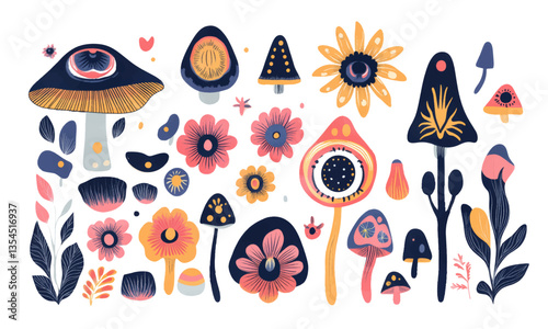 Psych grainy flat vector set, mushroom, leaves and flower colorful elements flat style, summer, spring party, eyes, eye, surreal liquid stile, festival cartoon