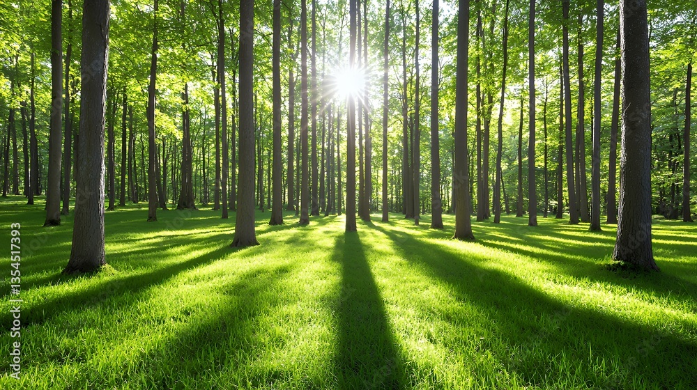 Obraz premium Sunlight Through Trees Creates Vibrant Green Landscape Perfect for Relaxation and Nature