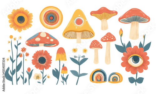 Psych grainy flat vector set, mushroom, leaves and flower colorful elements flat style, summer, spring party, eyes, eye, surreal liquid stile, festival cartoon