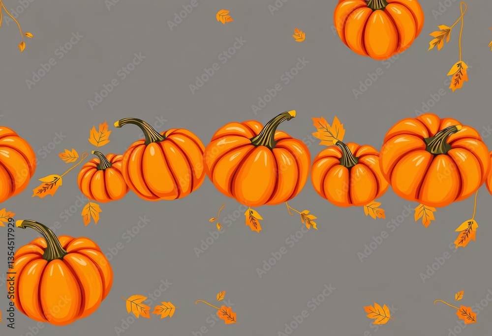 Horizontal Thanksgiving border pattern featuring vibrant orange pumpkins in a seamless vector design, cute, vibrant Horizontal Thanksgiving border pattern featuring vibrant orange pumpkins in a seamless vector design, cute, vibrant