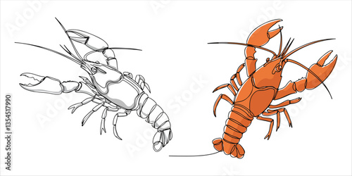 crawfish posing a single continuous line drawing features a crawfish in a dynamic pose, highlighting its distinctive shape and form. This minimalist illustration captures the essence of the crawfish