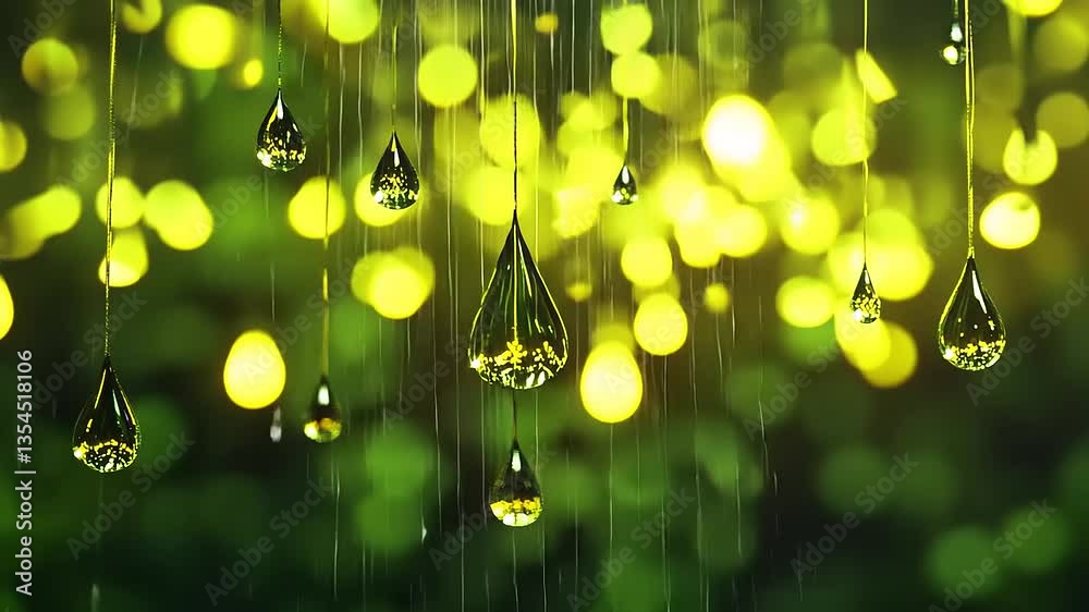 Close-up of raindrops glistening on leaves, surrounded by a vibrant green blurred background