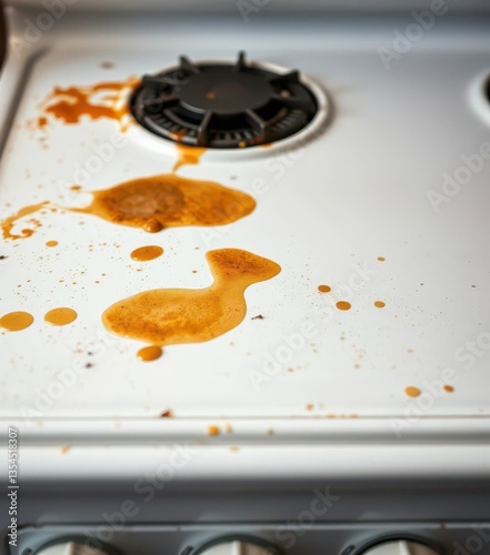 Thick, baked-on grease and grime stains a pristine white stovetop, close-up, unclean, textured