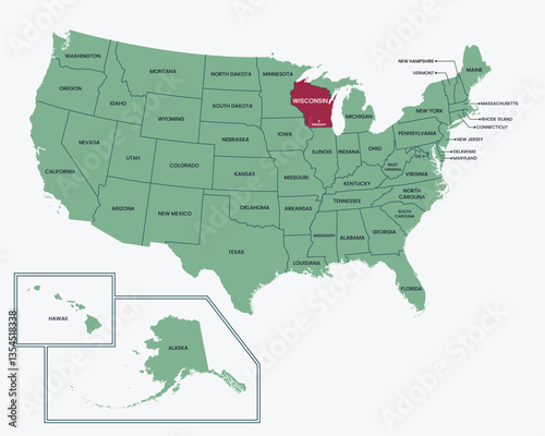 Editable isolated vector map of State of Wisconsin, United States of America, USA.