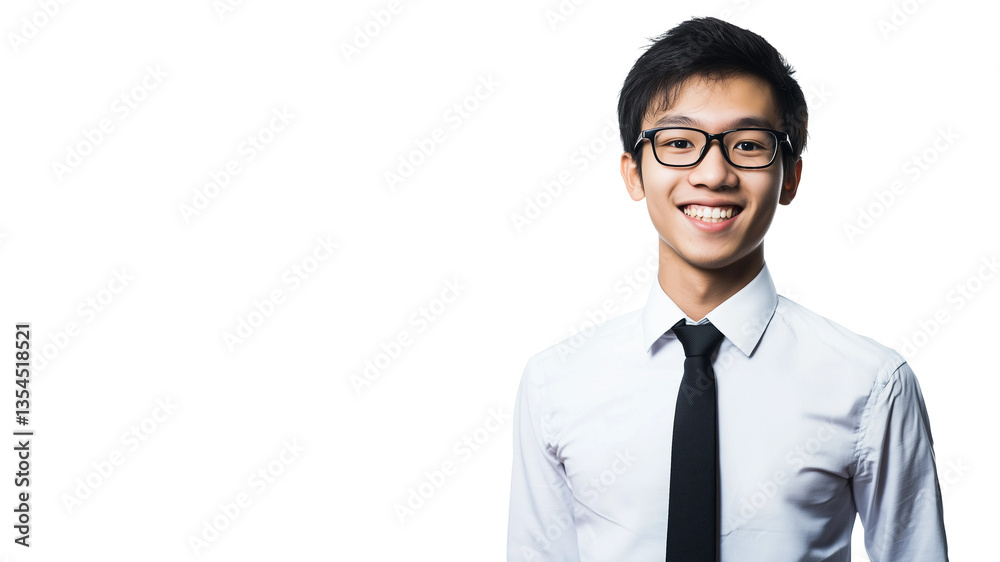Asian businessman stands,smiling and confident,business concept,copy space,white banner,Chinese. Asian businessman stands,smiling and confident,business concept,copy space,white banner,Chinese.