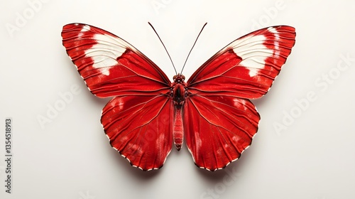 30. A brilliant red butterfly with white markings on its wings, perched on a blank white surface