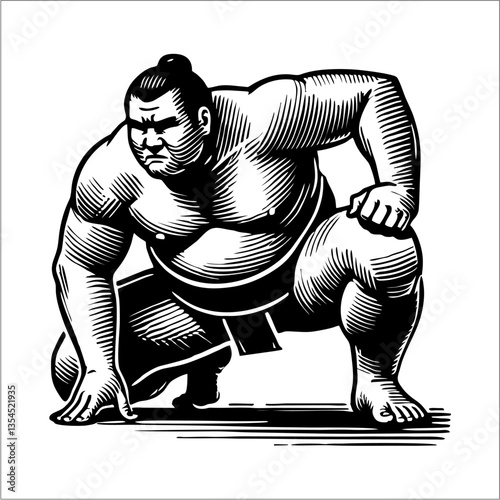 Black and White Woodcut-Style Sumo Wrestler in Traditional Stance Vector Illustration