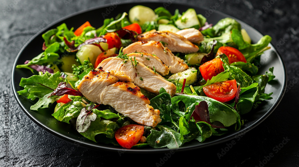 Close up of a chicken salad with lettuce tomatoes and cucumbers on a black plate on a dark background Close up of a chicken salad with lettuce tomatoes and cucumbers on a black plate on a dark background