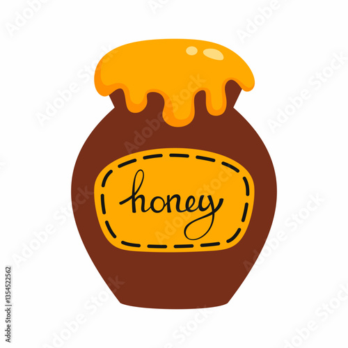 Ceramic pot with honey. Cartoon illustration on theme of beekeeping
