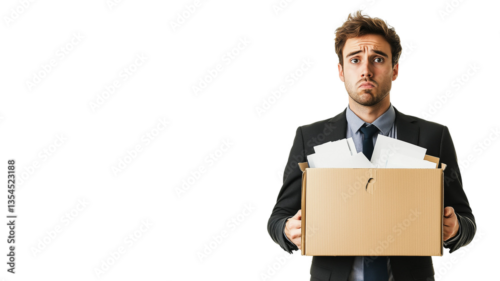 Unhappy businessman stands,box full of papers holding in hands,text Unhappy businessman stands,box full of papers holding in hands,text