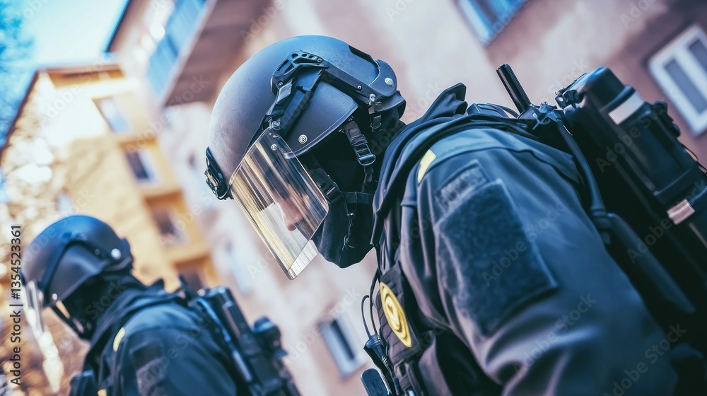 Security personnel in tactical gear, urban setting Security personnel in tactical gear, urban setting