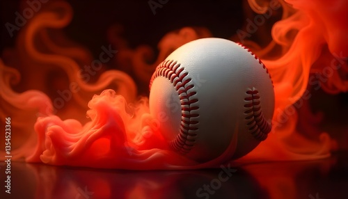 White Baseball Ball Soaring Through Multicolored Red Vape Smoke and Water Splashes on a Stark Black Background