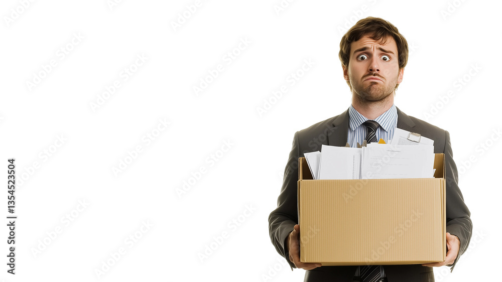 Unhappy businessman stands,box full of papers holding in hands,text Unhappy businessman stands,box full of papers holding in hands,text