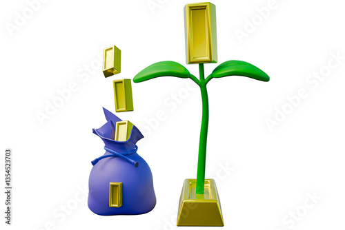 3d rendering, 3d realistic, 3d render, golden tree is harvesting invest right, transparent background