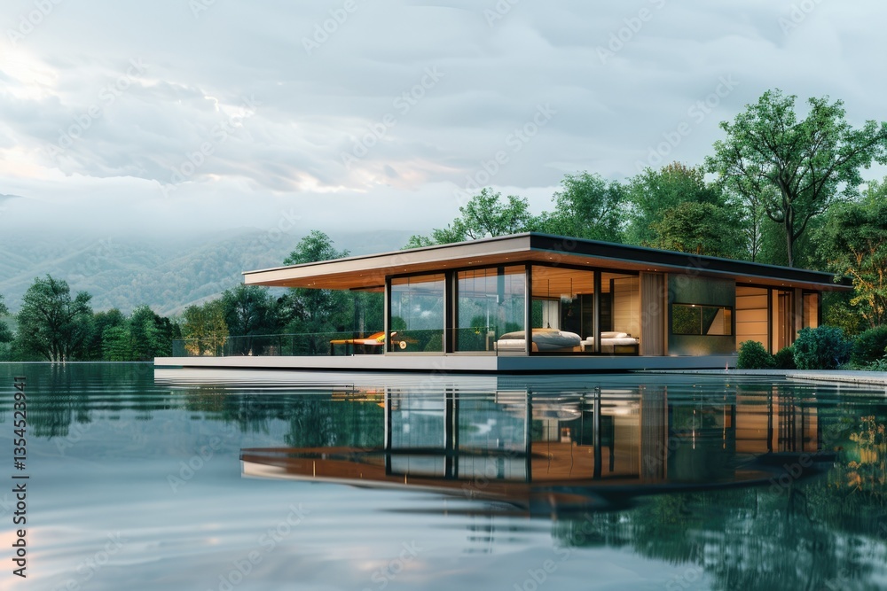 Detailed Color Image of Modern Glass House Situated in the Middle of a Lake Detailed Color Image of Modern Glass House Situated in the Middle of a Lake
