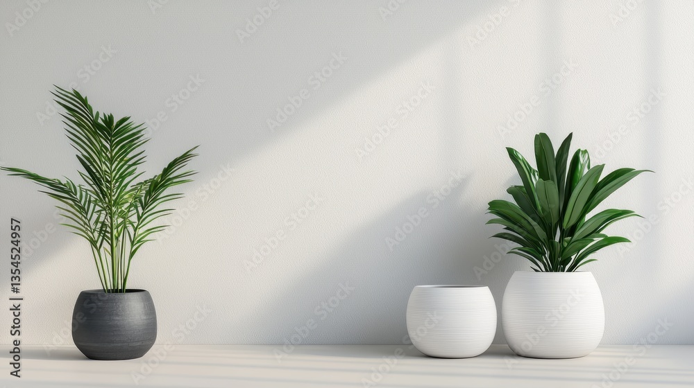 Fototapeta premium Modern indoor plants in stylish pots against a textured wall.