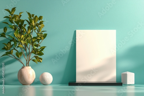 Minimalist green interior with blank canvas and plants on turquoise background