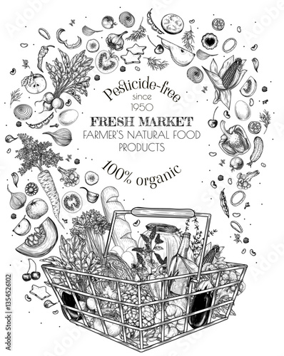 Vector illustration of a shop metal basket with food with scattered ingredients. Template for grocery store with vegetables and fruits. Banner with farm products in engraving style. Healthy eating