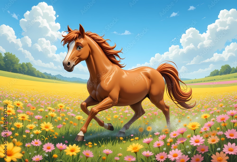Obraz premium Chestnut Horse Galloping in Flower Field, Beautiful chestnut horse running freely in a vibrant flower meadow.