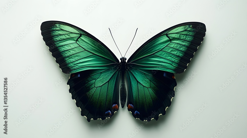 Fototapeta premium 74. A butterfly with deep green wings and a dark outline resting against a pure white surface