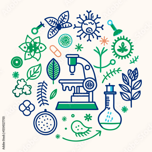 Microbiology and Botanical Science – Microscope Line Art Illustration