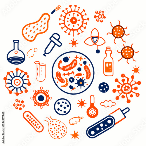 Microbiology and Virus Research – Science Line Art Illustration