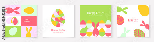 Set of square Happy Easter cards in a modern minimalist style featuring geometric shapes and eggs. Trendy editable vector template for greeting cards, posters, banners, invitations, and social media 