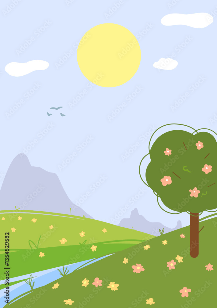 Ilustração de uma paisagem de verão com montanhas ao fundo no estilo colourful flat illustration, em formato gráfico premium clipart com fundo vetorial, vibrante e pitoresca.