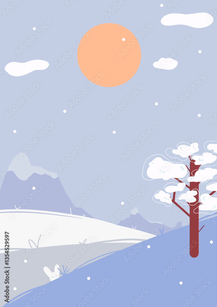 カラフルなフラットイラストスタイルで、山々を背景にした冬の風景イラスト。ベクター背景のプレミアムクリップアート形式で制作され、季節の美しさを伝えます。 カラフルなフラットイラストスタイルで、山々を背景にした冬の風景イラスト。ベクター背景のプレミアムクリップアート形式で制作され、季節の美しさを伝えます。