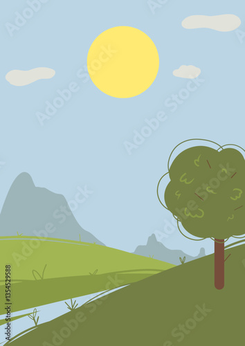 Ilustracja letniego krajobrazu na tle gór w stylu colourful flat illustration, wykonana w graficznym formacie premium clipart na wektorowym tle, pełna żywych kolorów i harmonii natury.