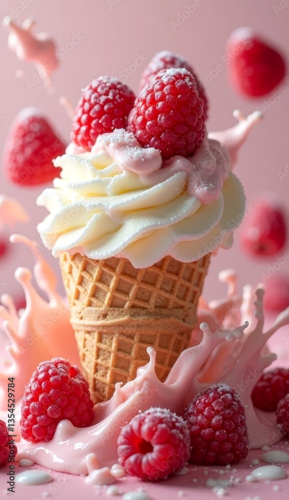 Delicious ice cream cone topped with raspberries against pink backdrop Delicious ice cream cone topped with raspberries against pink backdrop