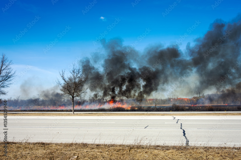 Obraz premium March marsh fire in Wisconsin: March 9 2025 in Brookfield, Wisconsin. Difficult terrain and windy conditions made fire fighting conditions difficult. Homes and businesses were threatened.