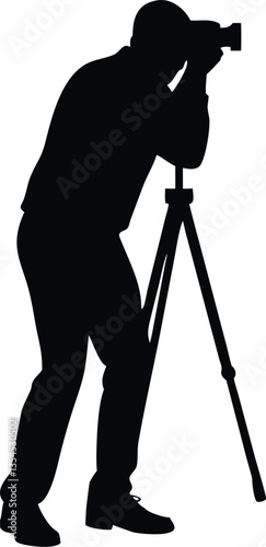 vector black and white of man taking photo using tripod