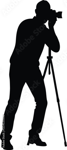 vector black and white of man taking photo using tripod