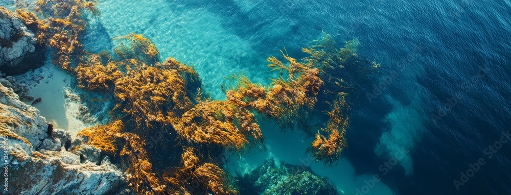 Fototapeta premium Kelp reforestation boosts underwater carbon capture aerial view photo