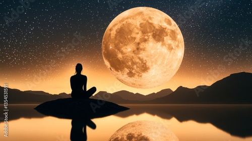 Slow life balance serenity wellness. A serene silhouette sits on a rock, gazing at a large, luminous moon reflecting in tranquil waters under a starry sky.