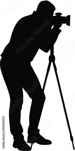 A silhouette of a photographer taking a picture with a camera on a tripod vector silhouette