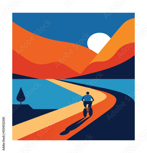 Cyclist enjoying a scenic coastal road at sunset. . Vector retro for greeting card, banner, poster, t-shirt