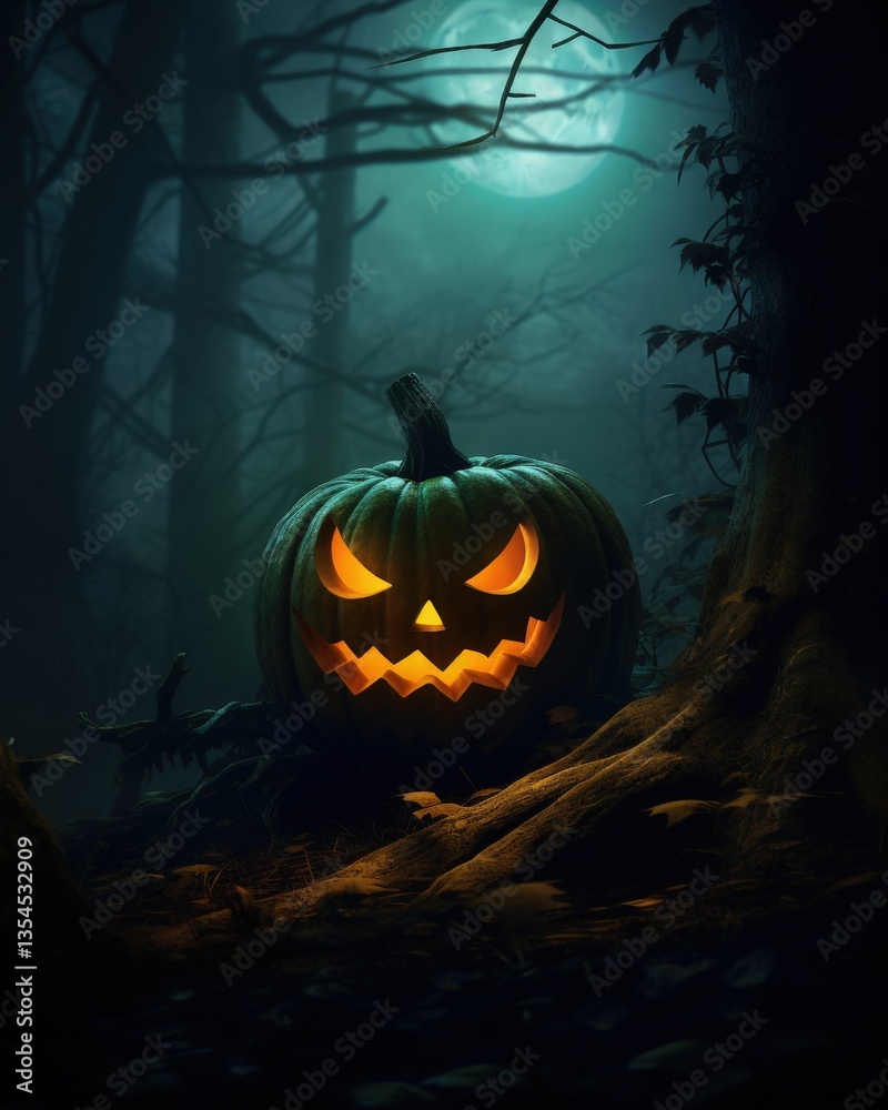 Glowing Jack-o'-lantern in forest with large full moon, dark, spooky background, Halloween night Glowing Jack-o'-lantern in forest with large full moon, dark, spooky background, Halloween night